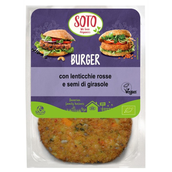 Burger bio vegano lenticchie rosse e semi di girasole Soto